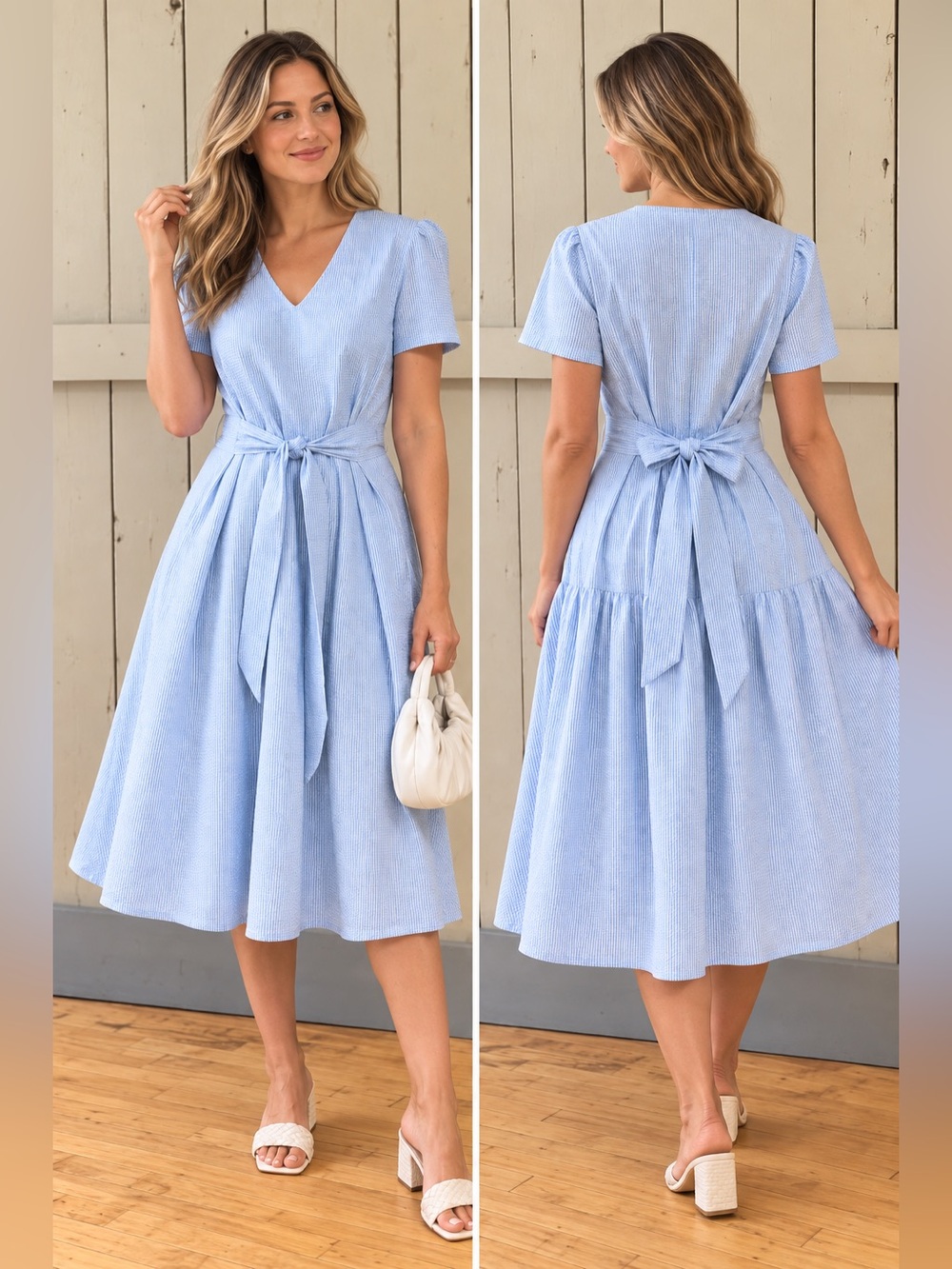 NWT BEATA Design Studio Blue Seersucker Cotton Midi Dress Tie Waist Handmade S/M